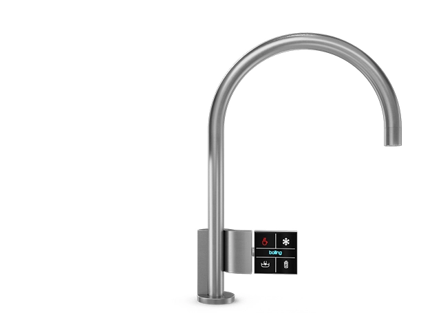 The QUATREAU TOUCHTAP™, a stainless steel kitchen faucet with an electronic control.