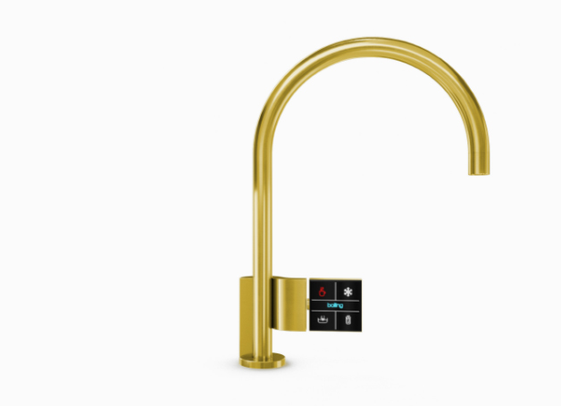 The QUATREAU TOUCHTAP™, a stainless steel kitchen faucet with an electronic control.