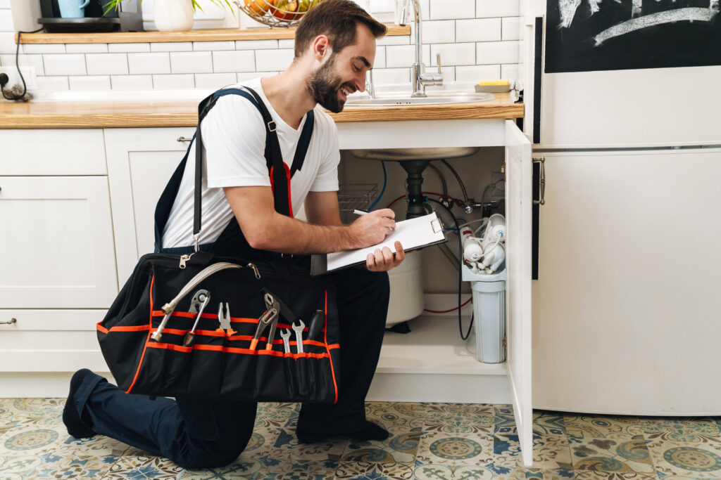 Image of plumber man with equipment and clipboard working in apartment