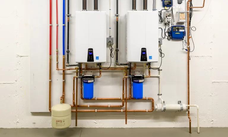 Residential plumbing with two water heaters and pipes on a wall.